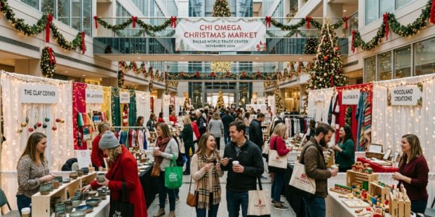 Shoppers browsing holiday vendor booths at the Chi Omega Christmas Market inside Dallas World Trade Center in November 2026