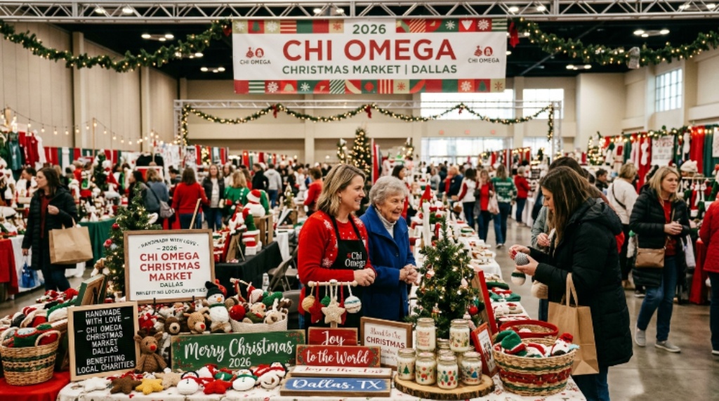 Festive holiday gifts and handmade crafts displayed at vendor tables at the 2026 Chi Omega Christmas Market in Dallas