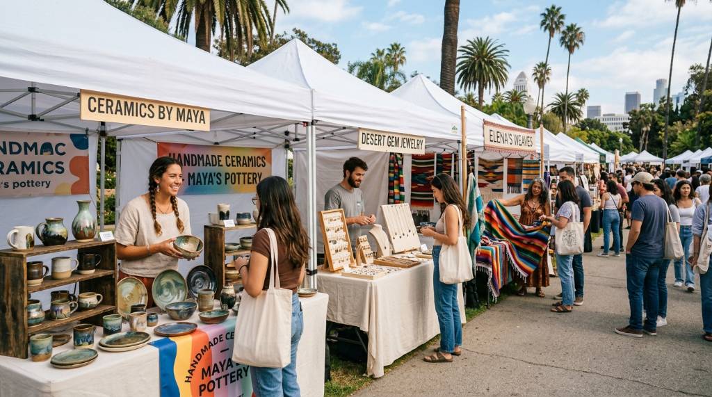 Independent artisans displaying handmade ceramics, jewelry, and textiles at an outdoor craft fair in Los Angeles
