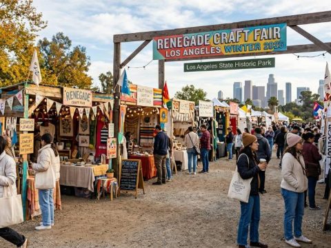 Colorful handmade vendor booths at the Renegade Craft Fair Los Angeles Winter 2026 at Los Angeles State Historic Park