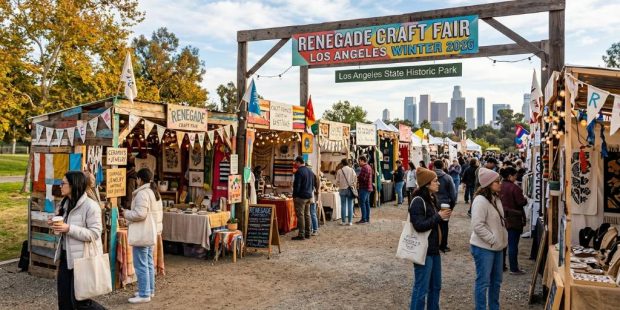 Colorful handmade vendor booths at the Renegade Craft Fair Los Angeles Winter 2026 at Los Angeles State Historic Park