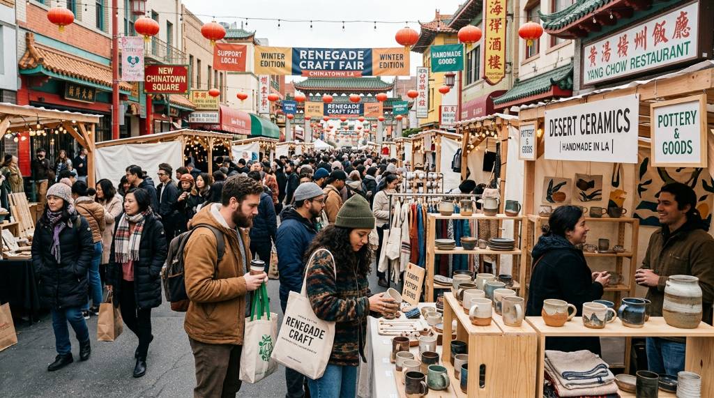 Shoppers browsing handmade goods at the Renegade Craft Fair winter edition in Chinatown, Los Angeles