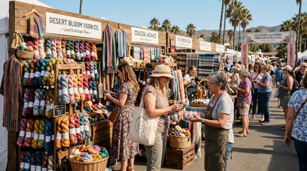 Visitors browsing vendor booths filled with yarn, fiber, and handmade textile goods at a Southern California fair