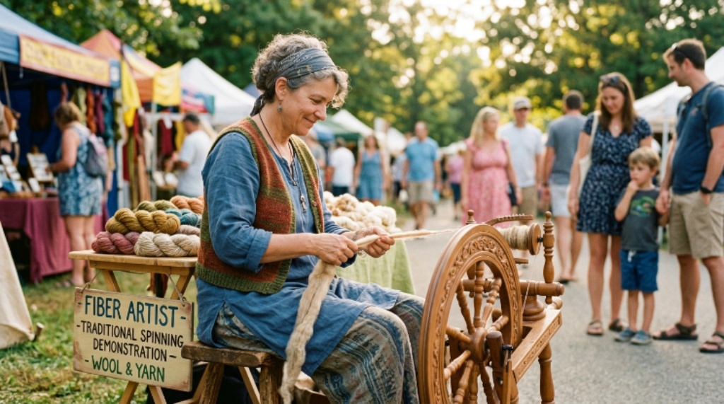 Fiber artist demonstrating spinning on a traditional wheel at an outdoor craft festival