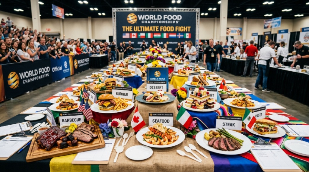 A colorful spread of food dishes from multiple categories at the World Food Championships