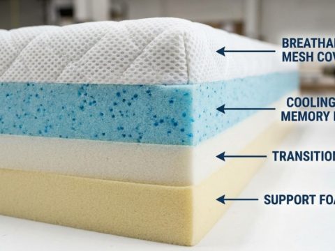 Qutool cooling pillow resting on a crisp white bed sheet.