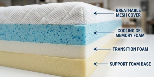 Qutool cooling pillow resting on a crisp white bed sheet.