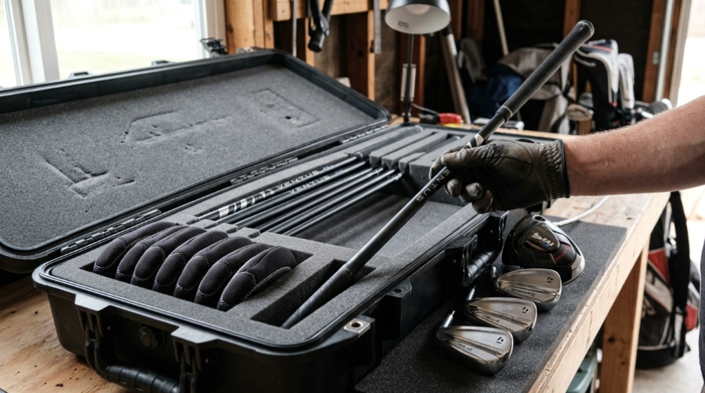 Removing club heads and packing graphite shafts securely in a hard case.