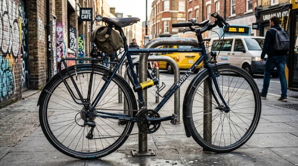 Cyclist locking a bicycle wheel with a steel cable
