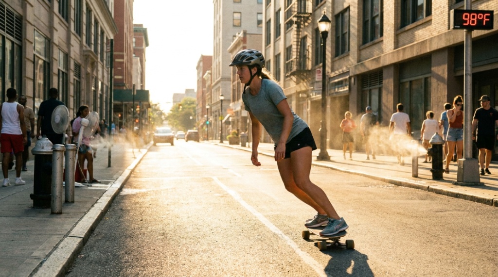 Lightweight moisture-wicking skate clothes and protective gear.