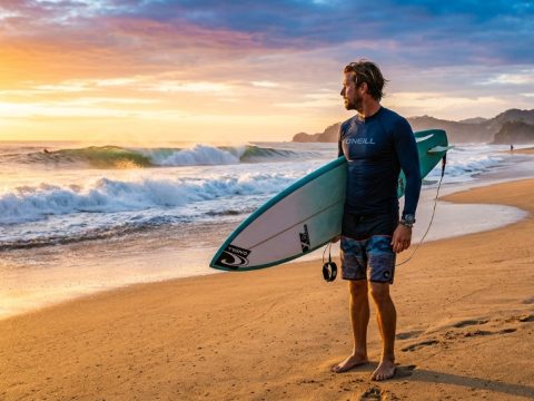 Surfer in high-performance rash guard waxing a surfboard on a sunny beach.