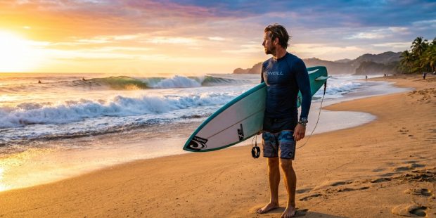 Surfer in high-performance rash guard waxing a surfboard on a sunny beach.