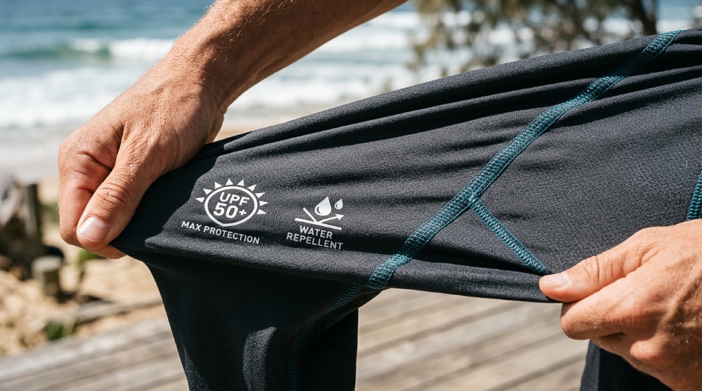 Close-up of a surfer checking stretchy, UV-resistant fabric on a specialized rash guard.